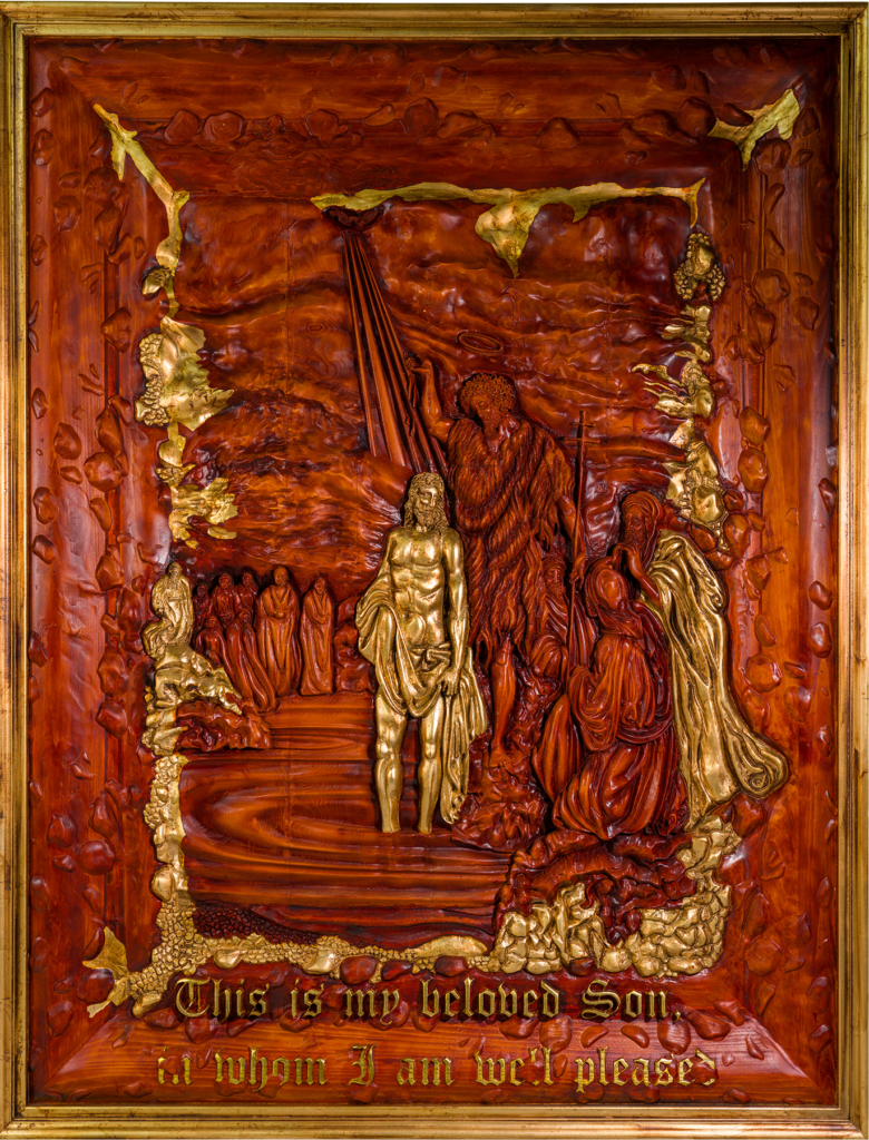 The Baptism of Jesus by Amnon Moalem, Carved wood, selectively coated with 24 karat gold, and gold metallic leaves