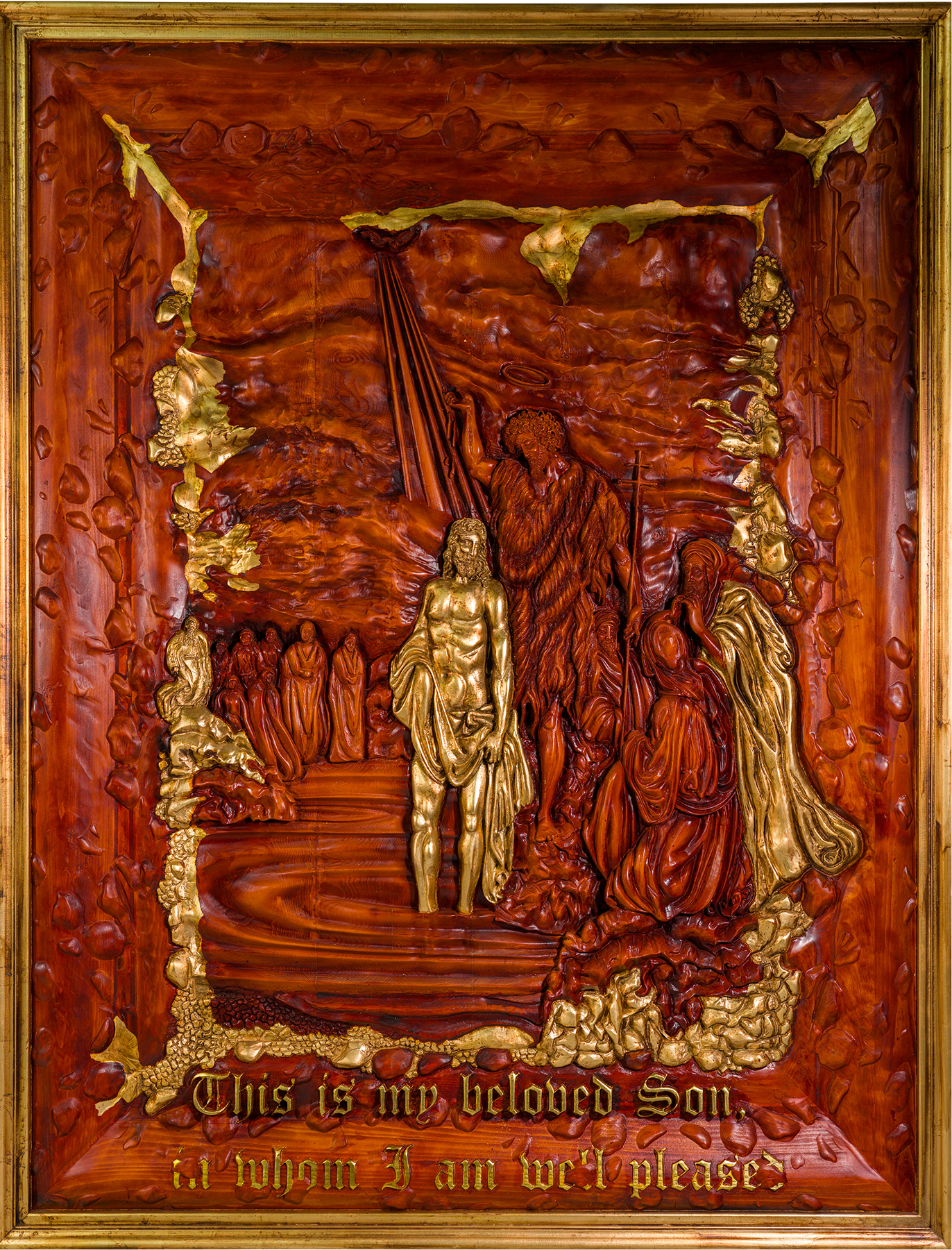 The Baptism of Jesus by Amnon Moalem, Carved wood, selectively coated with 24 karat gold, and gold metallic leaves
