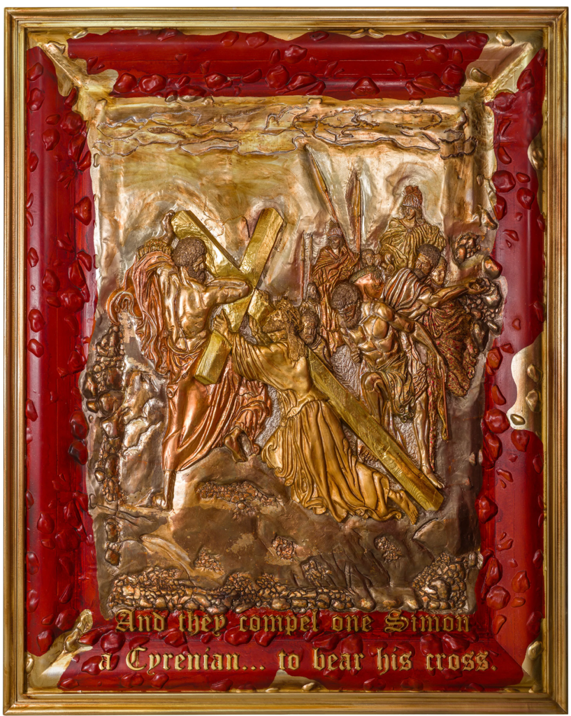 Jesus Falling Beneath the Cross — Metallic Version by Amnon Moalem, Carved wood and cast-epoxy