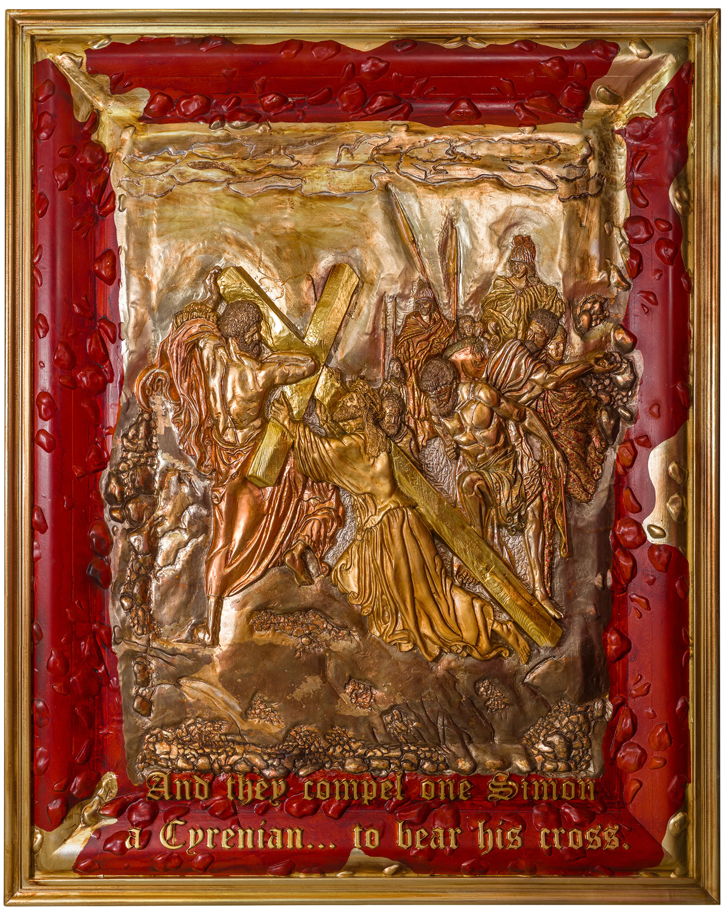 Jesus Falling Beneath the Cross — Metallic Version by Amnon Moalem, Carved wood and cast-epoxy