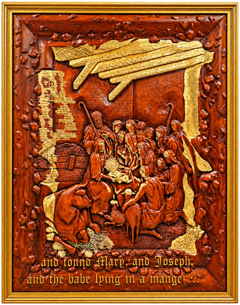 The Nativity by Amnon Moalem, Carved wood, selectively coated with 24 karat gold, and gold metallic leaves