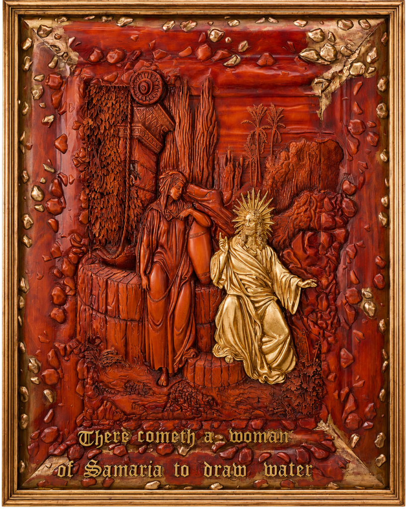 Jesus and the Woman of Samaria by Amnon Moalem, Carved wood