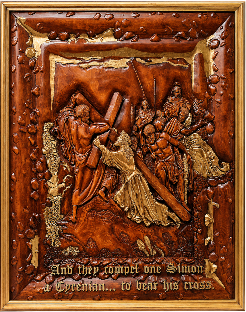 Jesus Falling Beneath the Cross by Amnon Moalem, Carved wood, selectively coated with 24 karat gold, and gold metallic leaves