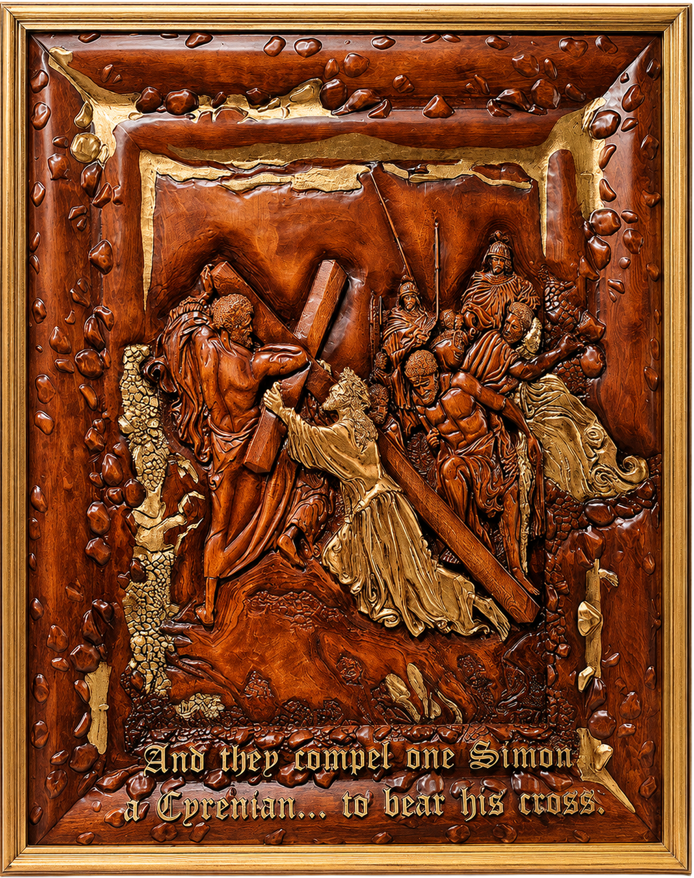 Jesus Falling Beneath the Cross by Amnon Moalem, Carved wood, selectively coated with 24 karat gold, and gold metallic leaves
