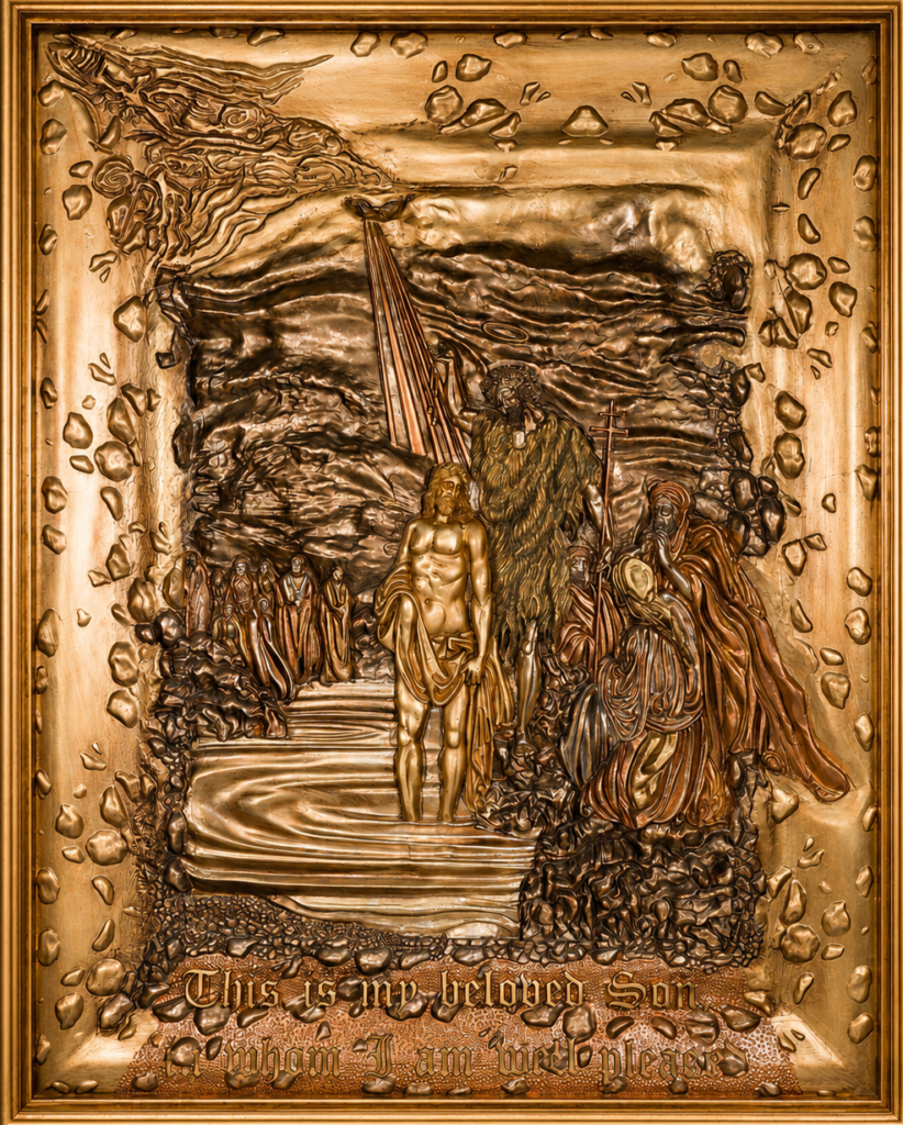 The Baptism of Jesus — Metallic Version by Amnon Moalem, Carved wood and cast-epoxy