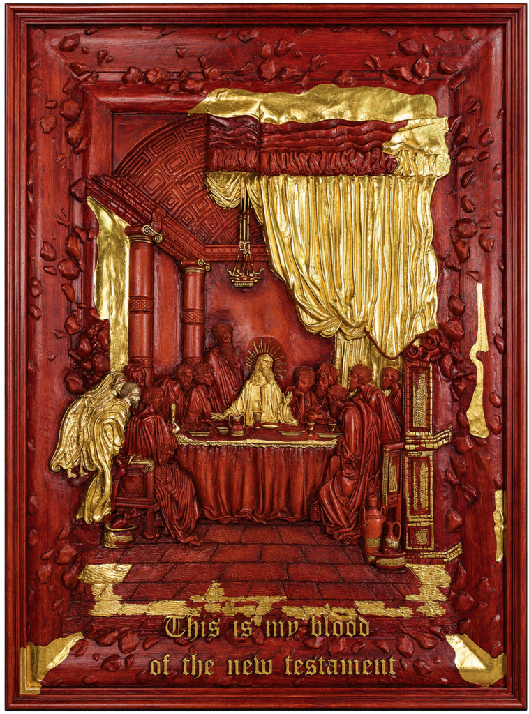 The Last Supper by Amnon Moalem, Carved wood, selectively coated with 24 karat gold, and gold metallic leaves