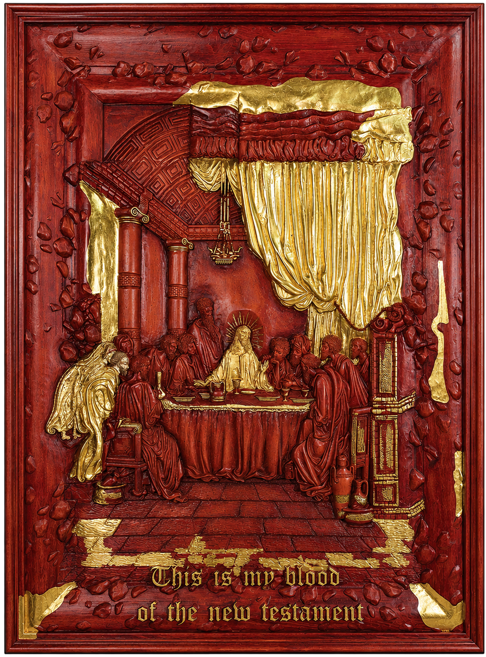 The Last Supper by Amnon Moalem, Carved wood, selectively coated with 24 karat gold, and gold metallic leaves